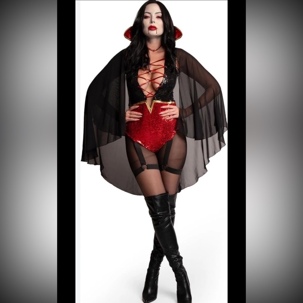 Tipsy Elves Red and Black Sequin Vampire Costume Bodysuit with Cape